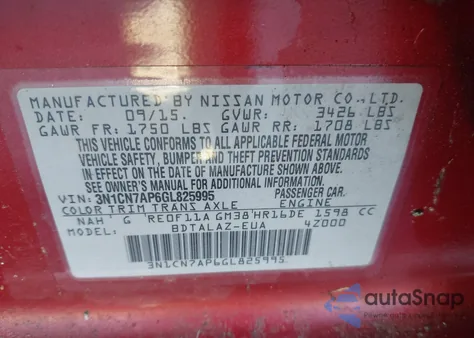 2016 Nissan Versa 1.6 S+ from USA, damaged, VIN 3N1CN7AP6GL825995